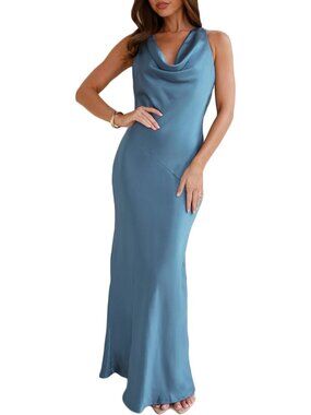 Women's Dark Blue Cowl Neck Summer Satin Backless Sleeveless Elegant Maxi Dress